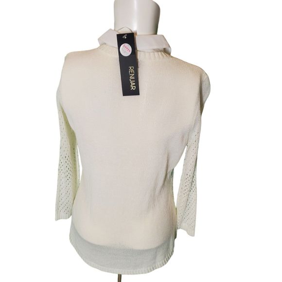 Renuar Beige Pointelle Sweater Layered With Collar Sz S NEW $118 - Picture 4 of 7